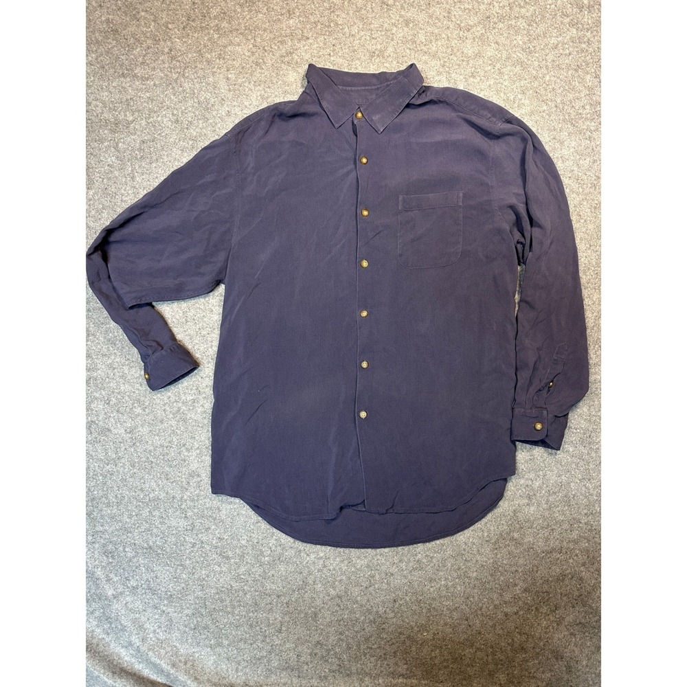 TravelSmith Button Down Shirt XL Indigo Blue Textured Woven Long Sleeve